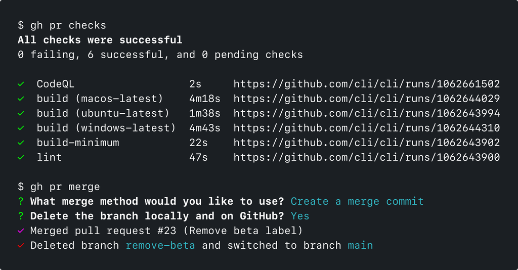 运行’gh pr check’和’gh pr merge’的GitHub CLI的屏幕截图